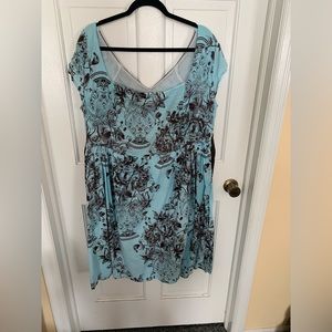 3X Turquoise and brown, retro-look, toile print cotton dress